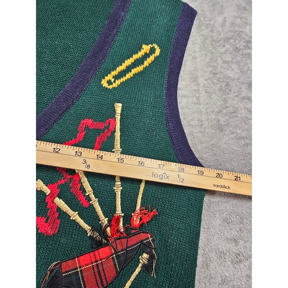 Vintage 1993 Eagles Eye Scottish Scottie Dog Bagpipes Knit Sweater Vest Green M - Picture 7 of 7